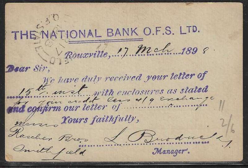 OFS 1898 (MR 17) scarce 11th PTG Stamp B/Kaart Rouxville to Smithfield. See below.