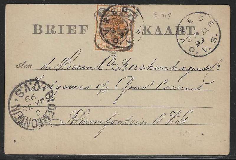 OFS 1899 (27 JA) 11th PTG Stamp B/Kaart Vrede to Bloemfontein. See below.