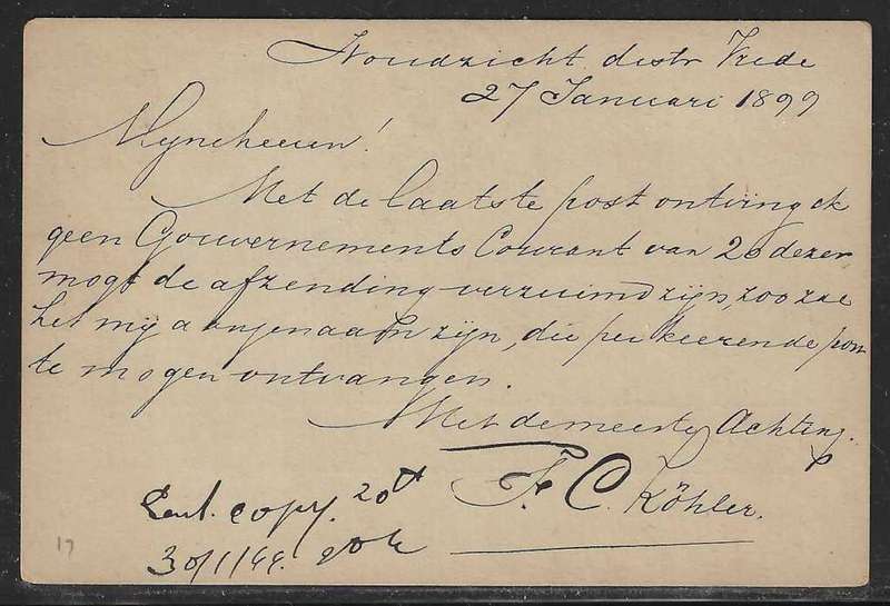 OFS 1899 (27 JA) 11th PTG Stamp B/Kaart Vrede to Bloemfontein. See below.