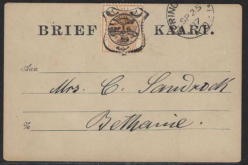 OFS 1897 (SP 25) 11th PTG Stamp B/Kaart Springfontein to Bethanie. See below.