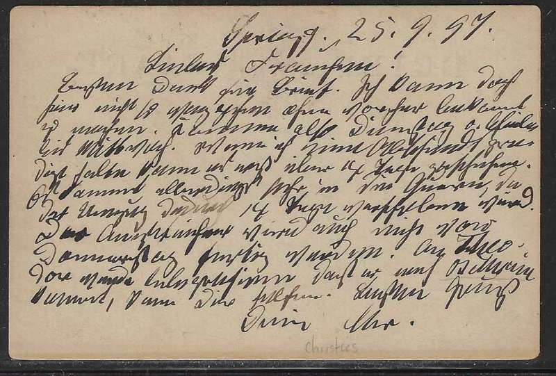 OFS 1897 (SP 25) 11th PTG Stamp B/Kaart Springfontein to Bethanie. See below.