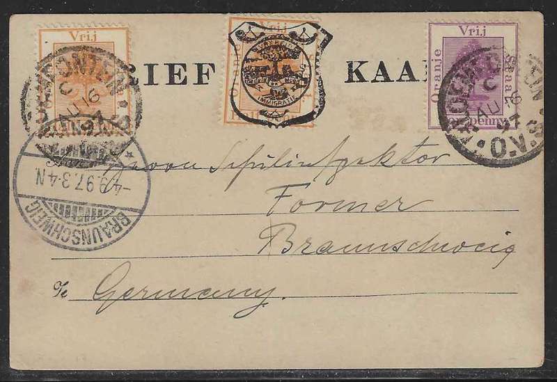 OFS 1897 (AU 16) Scarce overfranked uprated 11th PTG Stamp B/Kaart Bloemfontein to Germany.