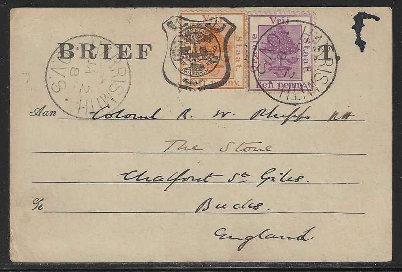 OFS 1898 (JA 2) uprated 11th PTG Stamp B/Kaart Harrismith to England. Correct postcard rate.