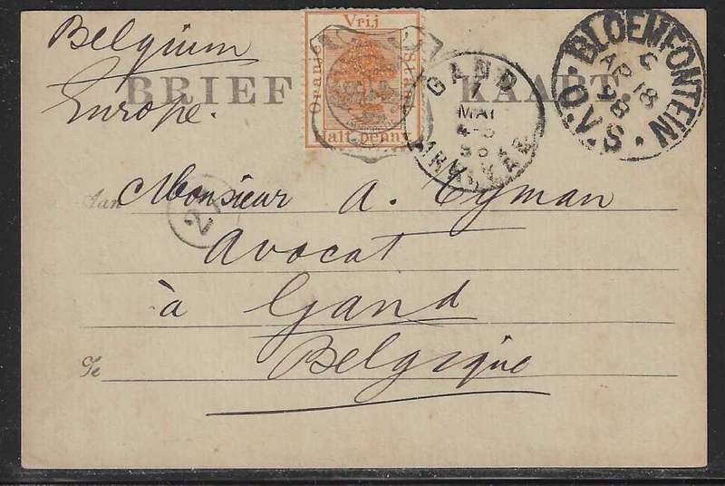 OFS 1898 (AP 18) Scarce under-franked 11th PTG Stamp B/Kaart Bloemfontein to Belgium.