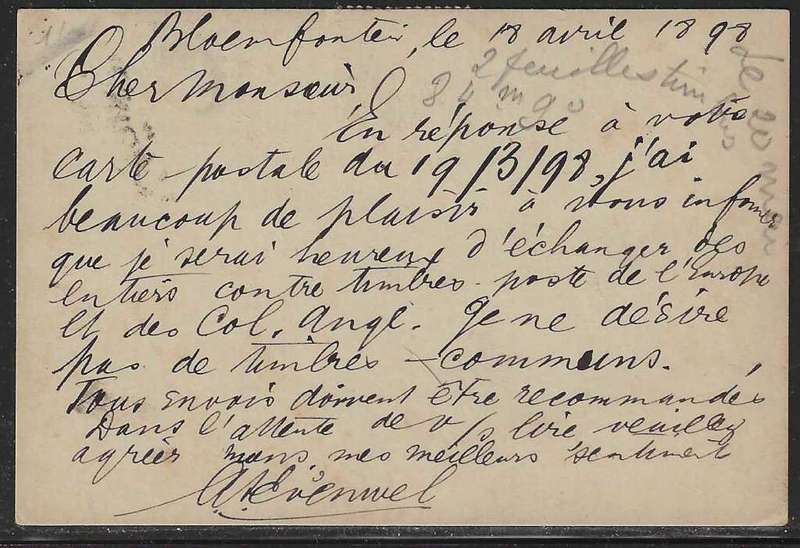 OFS 1898 (AP 18) Scarce under-franked 11th PTG Stamp B/Kaart Bloemfontein to Belgium.