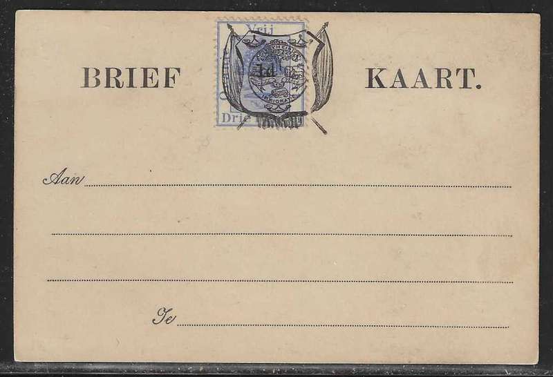 OFS 1892 (June) 1d on 3d ultramarine surcharged type I Stamp Brief Kaart. Unused. See below.