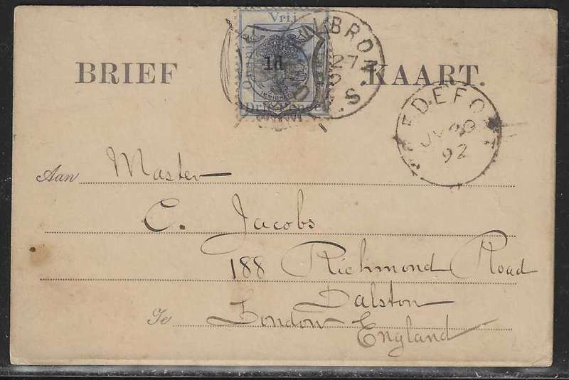 OFS 1892 (JY 27) Scarce 1d on 3d Stamp Brief Kaart Heilbron/Vrdedfort/England. See below.