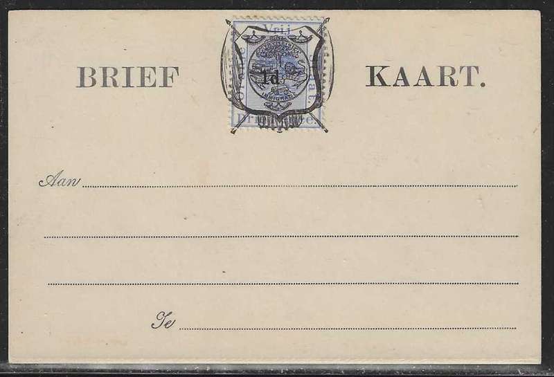 OFS 1892 (June) 1d on 3d ultramarine surcharged Type II Stamp Brief Kaart. Unused. See below.