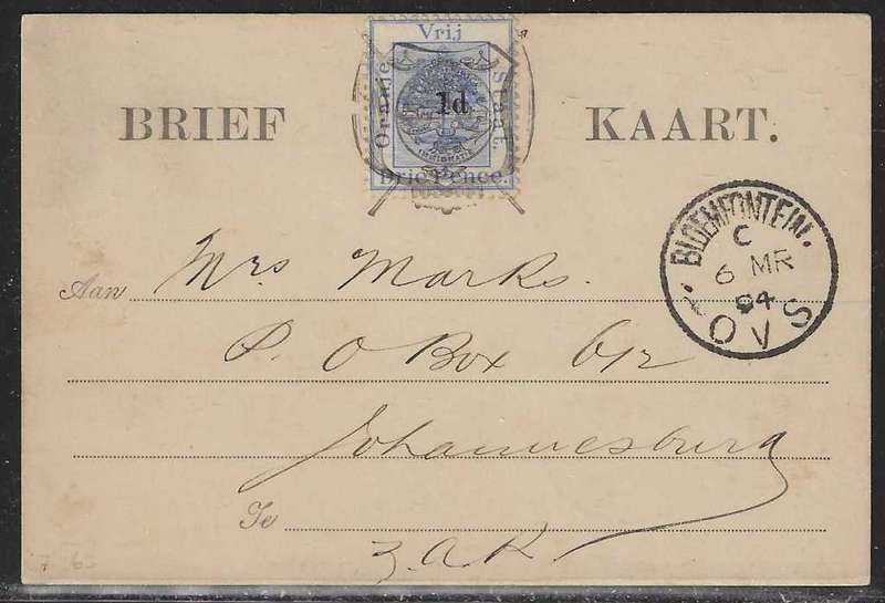 OFS 1894 (6 MR) 1d on 3d surcharged Type II Stamp Brief Kaart Bloemfontein/Johannesburg. See below.