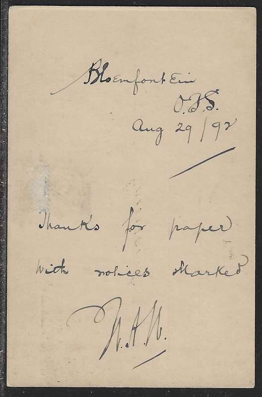 OFS 1892 (28 AUG) Rare 1d on 3d surch. Type III Stamp Brief Kaart variety. Less than 20 recorded.