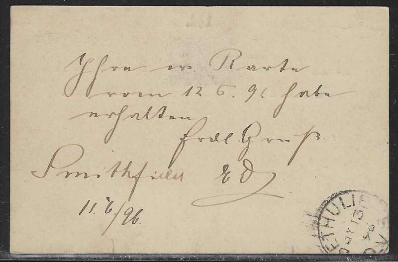 OFS 1896 (JY 13) 1 1/2d on 2d Stamp Brief Kaart. 3nd Ptg. Bethulie/Germany. See below.