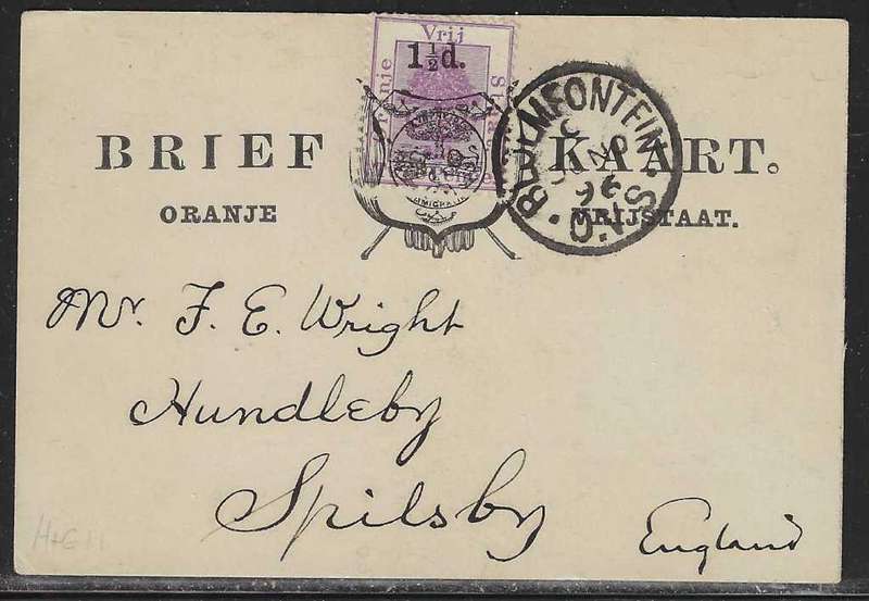 OFS 1896 (30 NO) 1 1/2d on 2d Stamp Brief Kaart. 3nd Ptg. Bloemfontein/England. See below.