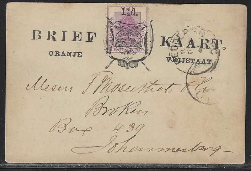 OFS 1894 (FE 7) 1 1/2d on 2d Stamp Brief Kaart. 3nd Ptg. Reddersburg/Johannesburg. See below.