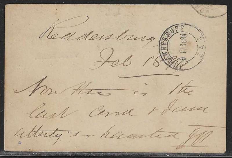 OFS 1894 (FE 7) 1 1/2d on 2d Stamp Brief Kaart. 3nd Ptg. Reddersburg/Johannesburg. See below.