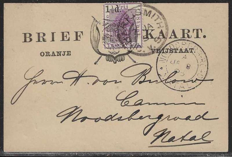 OFS 1895 (7 JA) 1 1/2d on 2d Stamp Brief Kaart. 3nd Ptg. Harrismith/GPO Natal/Noodsberg Road.