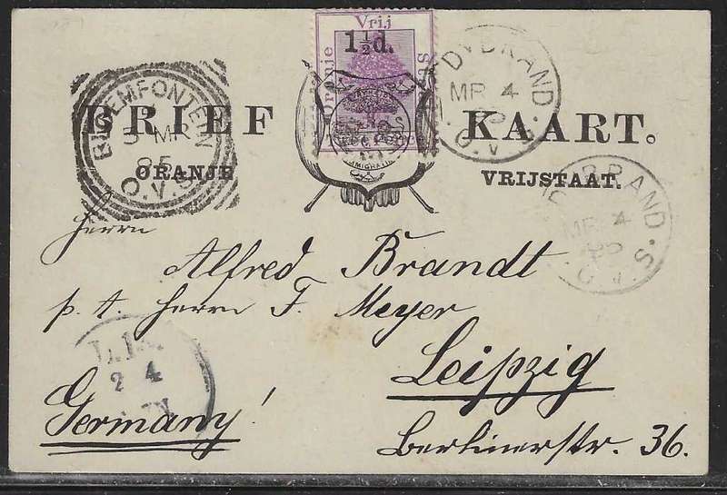 OFS 1895 (MR 4) 1 1/2d on 2d Stamp Brief Kaart. 3nd Ptg. Ladybrand/Bloemfontein/Germany. See below.