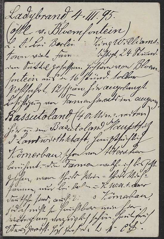 OFS 1895 (MR 4) 1 1/2d on 2d Stamp Brief Kaart. 3nd Ptg. Ladybrand/Bloemfontein/Germany. See below.