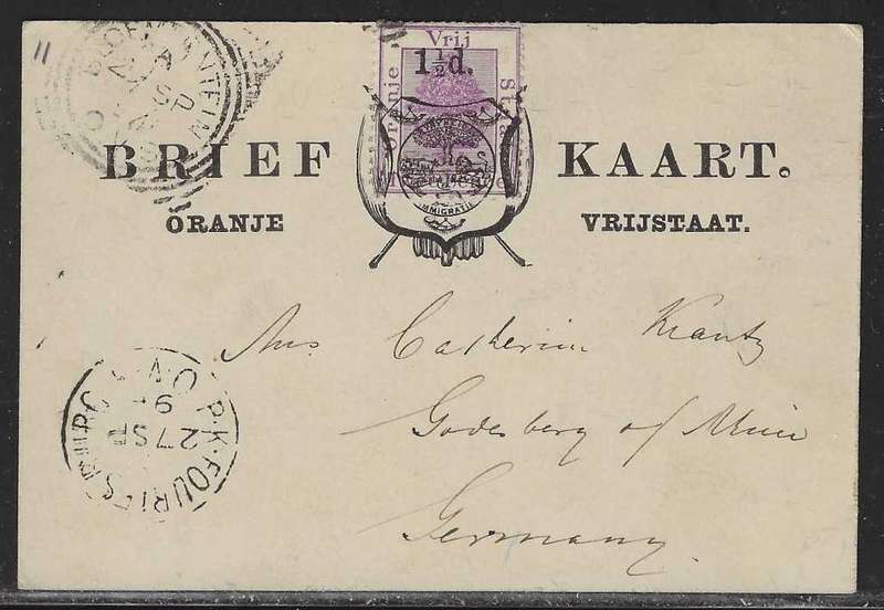 OFS 1894 (27 SP) Rare 1 1/2d on 2d Stamp Brief Kaart. 3nd Ptg. PK Fouriesburg/Bloemfontein/Germany.