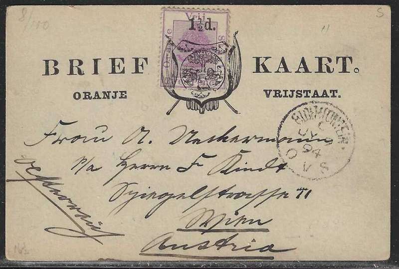 OFS 1894 (JY 9) 1 1/2d on 2d Stamp Brief Kaart. 3nd Ptg. Bloemfontein/Austria. See below.