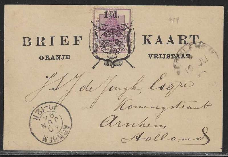 OFS 1894 (10 JU) 1 1/2d on 2d Stamp Brief Kaart. 3nd Ptg. Bethlehem/Arnheim, Holland. See below.