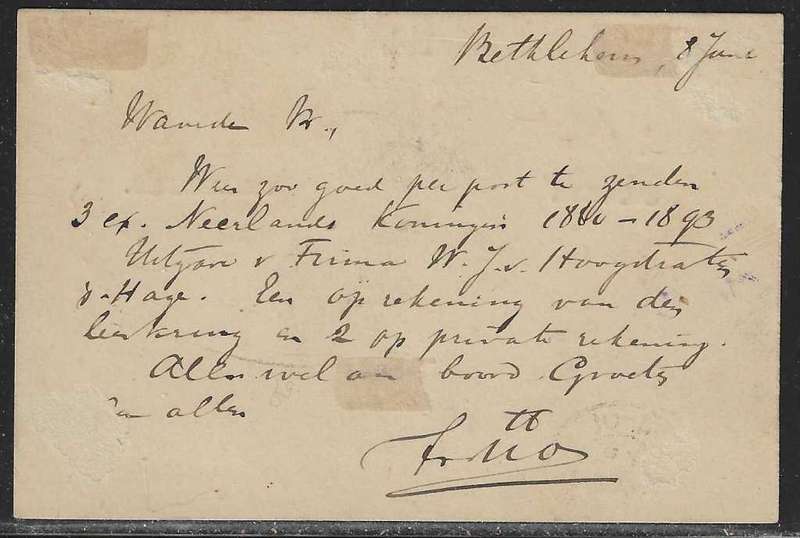 OFS 1894 (10 JU) 1 1/2d on 2d Stamp Brief Kaart. 3nd Ptg. Bethlehem/Arnheim, Holland. See below.