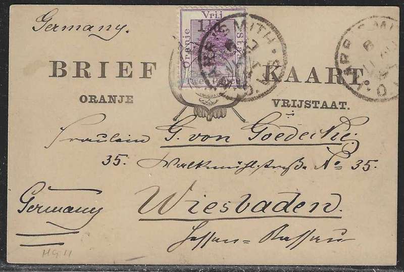 OFS 1894 (11 AU) 1 1/2d on 2d Stamp Brief Kaart. 3nd Ptg. Harrismith/Wiesbaden, Germany. See below.