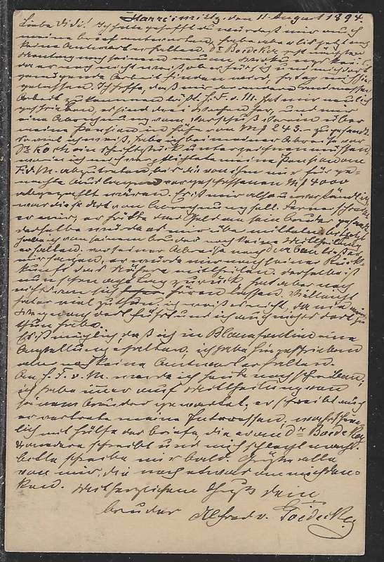 OFS 1894 (11 AU) 1 1/2d on 2d Stamp Brief Kaart. 3nd Ptg. Harrismith/Wiesbaden, Germany. See below.