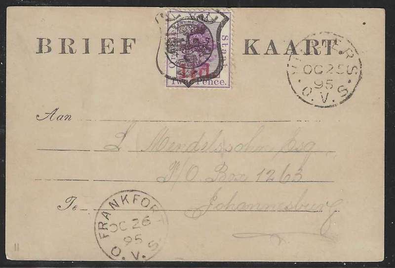 OFS 1895 (OC 25) 1 1/2d (red) on 2d Brief Kaart. 4th ptg. Villiers/Frankfort/Heilbron/Johannesburg.