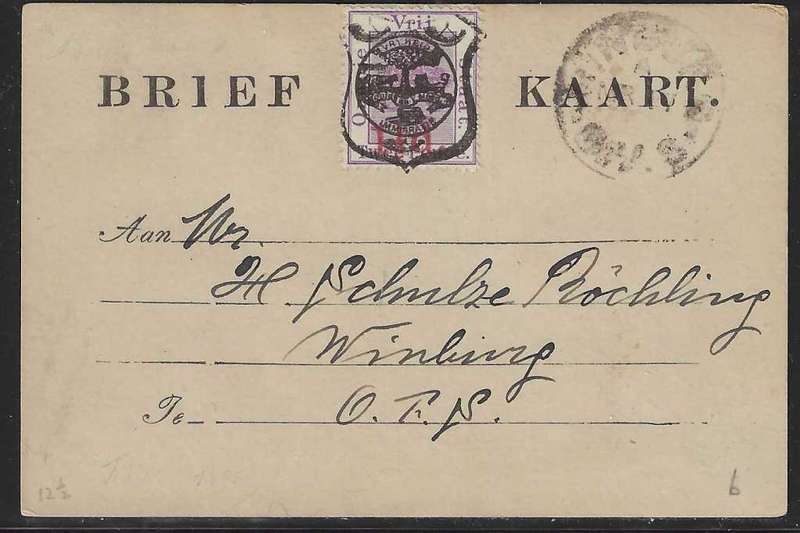 OFS 1895 (MR ?) 1 1/2d (red) on 2d Brief Kaart. 4th ptg. Winburg local usage. See below.