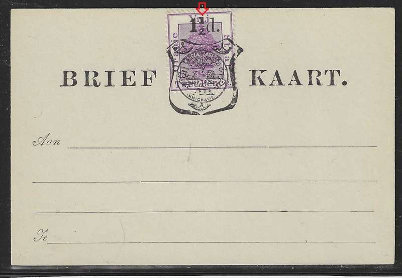 OFS 1896 (March) 1 1/2d (short stubby `1`) on 2d Brief Kaart. Fifth printing. See below.