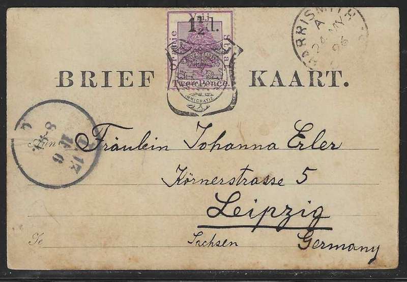 OFS 1896 (24 MY) 1 1/2d on 2d Brief Kaart. 5th printing. Harrismith/Leipzig, Germany. See below.