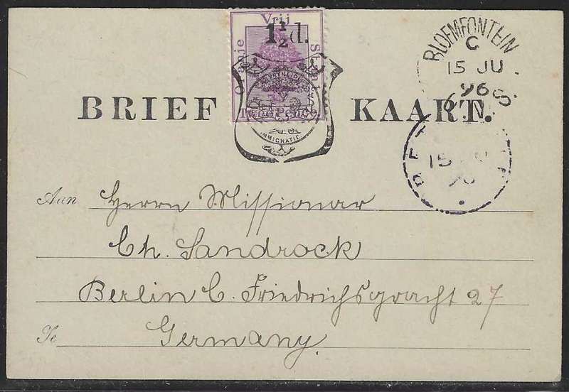 OFS 1896 (15 JU) 1 1/2d on 2d Brief Kaart. 5th printing. Bethanie/Bloemfontein/Germany. See below.
