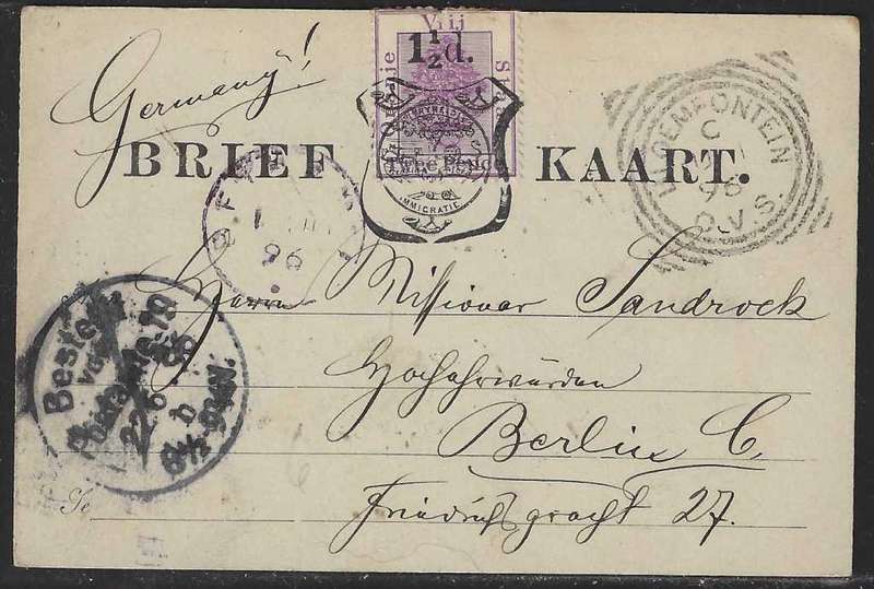 OFS 1896 (JU 1) 1 1/2d on 2d Brief Kaart. 5th ptg. Bethanie/Bloemfontein/Berlin, Germany. See below.