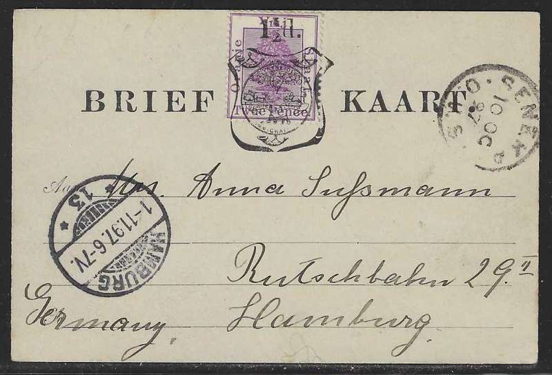 OFS 1897 (10 O) 1 1/2d on 2d Brief Kaart. 5th ptg. Senekal/Winburg/Hamburg, Germany. See below.