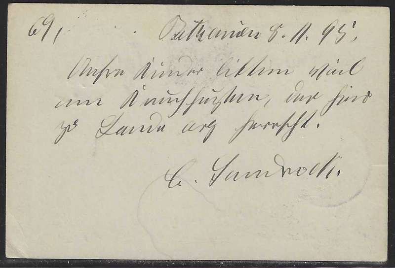 OFS 1895 (10 O) 1 1/2d on 2d Brief Kaart. 5th ptg. Bethanie/Bloemfontein/GPO Cape Town/Germany.