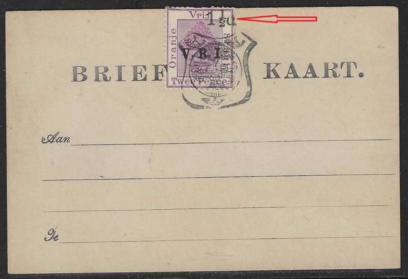 OFS 1900 `V.R.I.` 6th ptg 1 1/2d on 2d Stamp Brief Kaart - lifted `d`. See below.