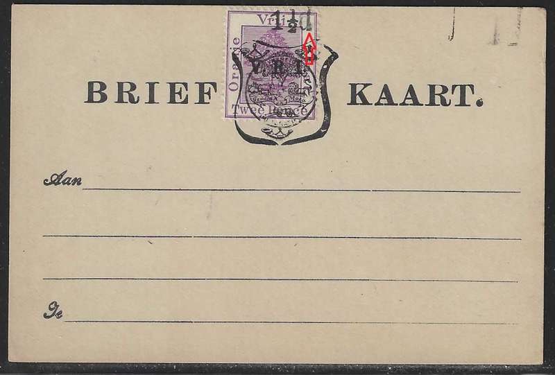 OFS 1900 `V.R.I.` 6th ptg 1 1/2d on 2d Stamp Brief Kaart with rare variety. See below.