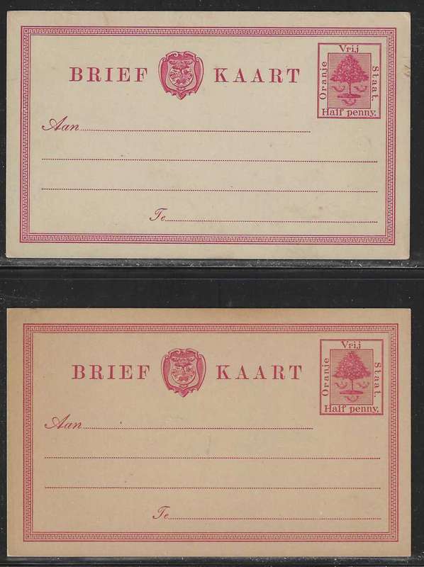 OFS 1898 1/2d Carmine Brief Kaart on white and toned paper. See below.