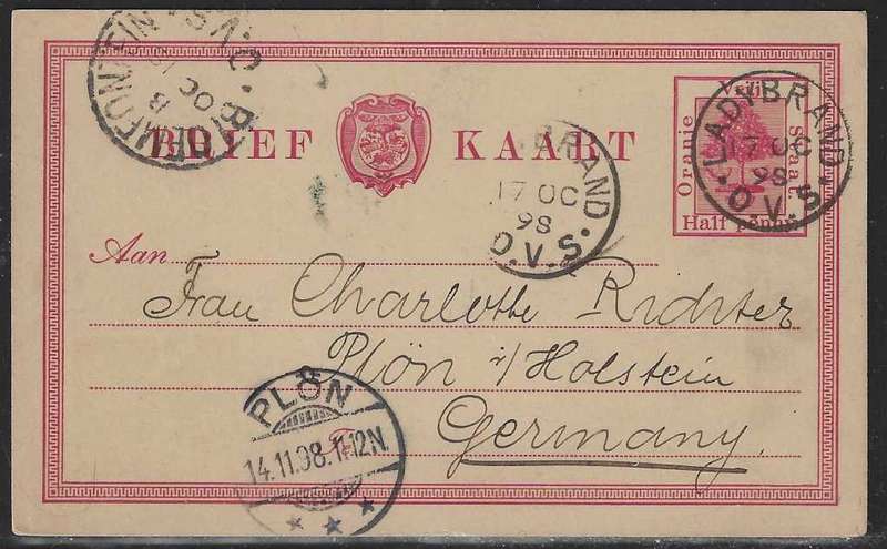 OFS 1898 (17OC) 1/2d Carmine Brief Kaart Ladybrand/Bloemfontein/Germany. See below.