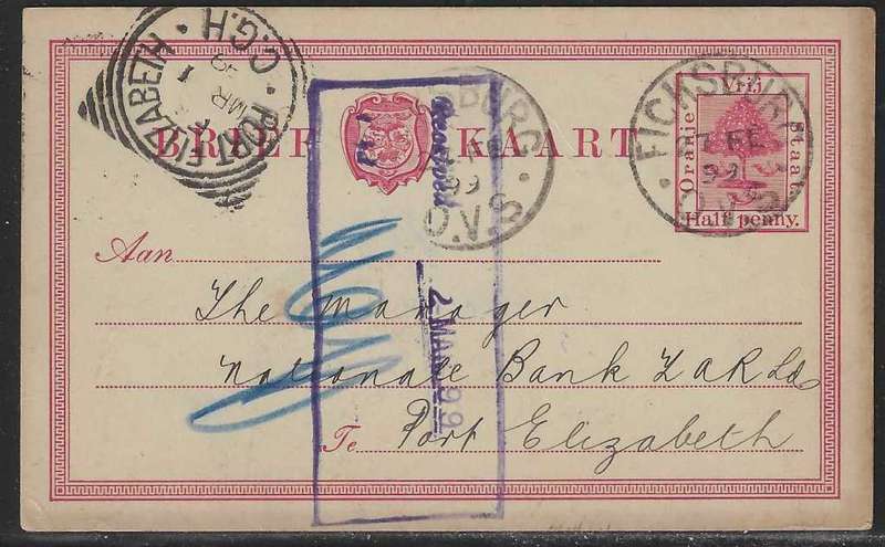 OFS 1899 (27 FE) 1/2d Carmine Brief Kaart Ficksburg/Port Elizabeth. See below.