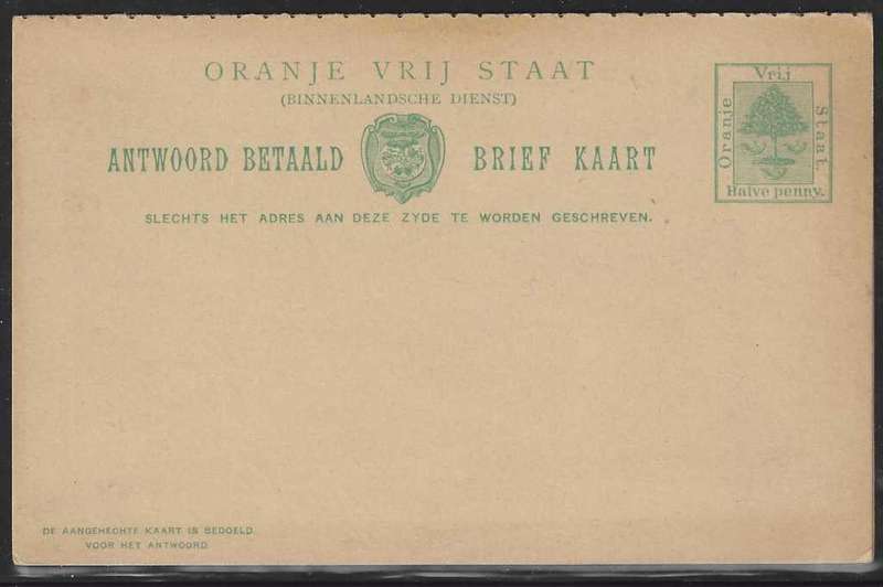OFS 1898 1/2d green Antwoord Betaald Briefkaart. See below.