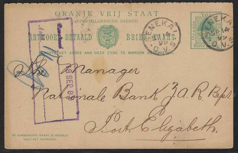 OFS 1899 (SP 14) 1/2d green Antwoord Betaald Briefkaart Senekal/Port Elizabeth See below.