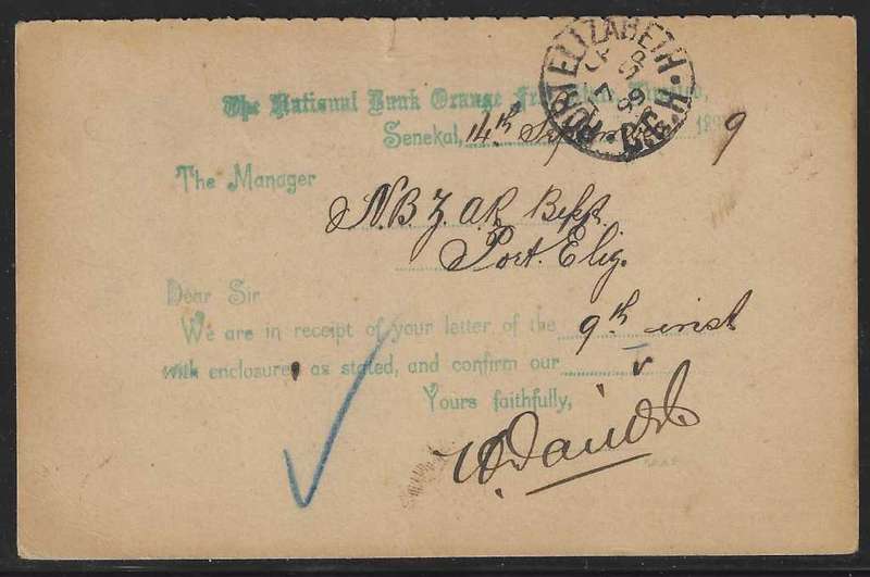 OFS 1899 (SP 14) 1/2d green Antwoord Betaald Briefkaart Senekal/Port Elizabeth See below.