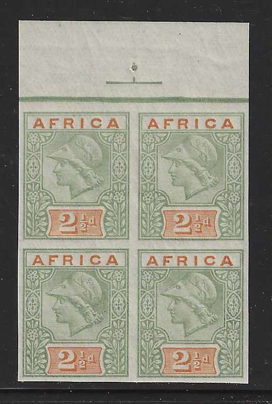 Transvaal `AFRICA` De La Rue Imperf Control block - dull green and dull orange, uncoated paper.