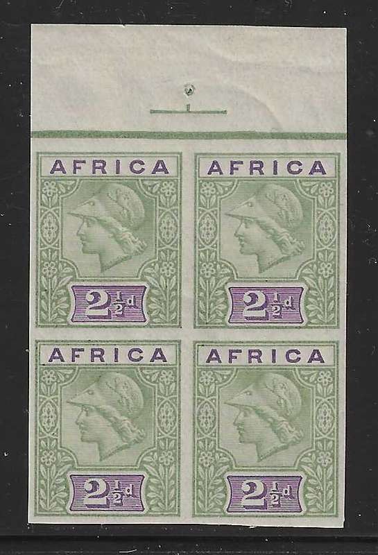 Transvaal `AFRICA` De La Rue Imperf Control block - dull green and dull violet, uncoated paper.
