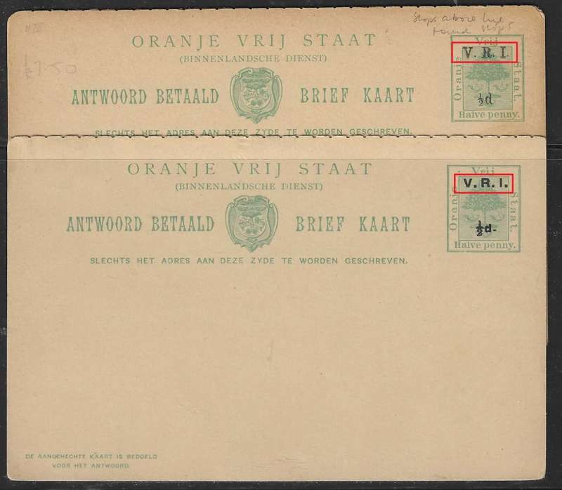 OFS 1900 1/2d V.R.I. Betaald Briefkaarte with differing type and alignment of stops. See below.