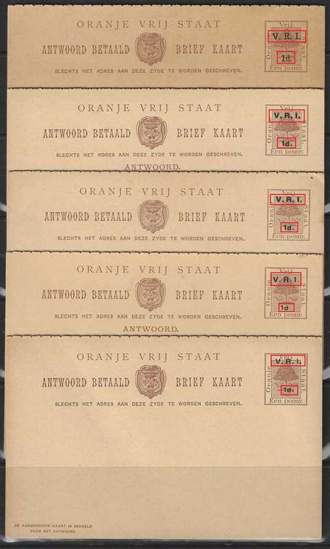 OFS 1900 1d V.R.I. ANTWOORD BETAALD BRIEFKAARTE with 5 different `V.R.I.` overprints. See below.