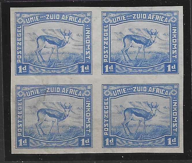 Union: 1923 Very scarce blue Harrison Essay Imperf block of 4 MNH. See below.