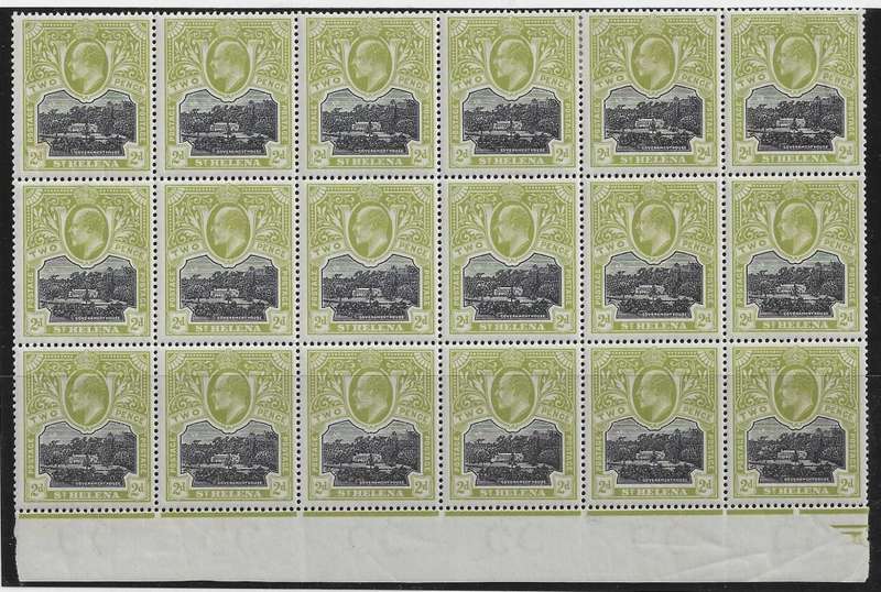 St. Helena 1903 BPA certified block of 18 on bluish paper MNH. SG 57a (1984 CV R60,000}. See below.