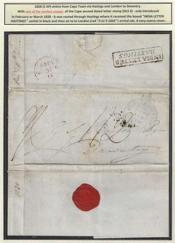 Cape 1828 (5 AP) scarce Cape Town/Hastings/London/Daventry `INDIA LETTER HASTINGS`ship letter.